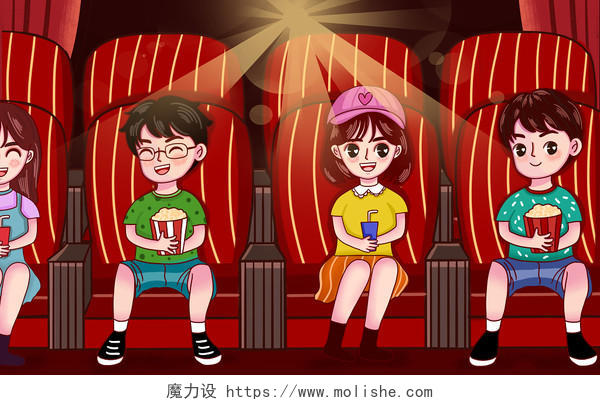 彩色卡通手绘男生女生看电影电影院场景原创插画海报
